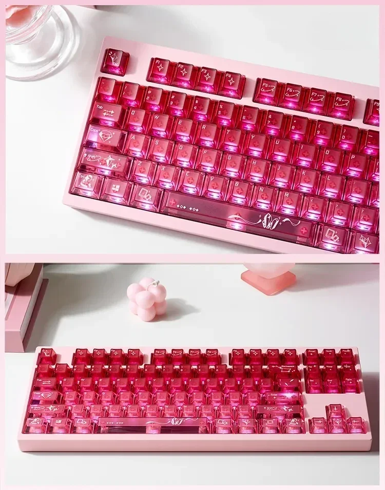 A collection of playful luminous cinnabar pink gradient keycaps set for mechanical keyboards, showcasing their delicate transparency and glowing charm.