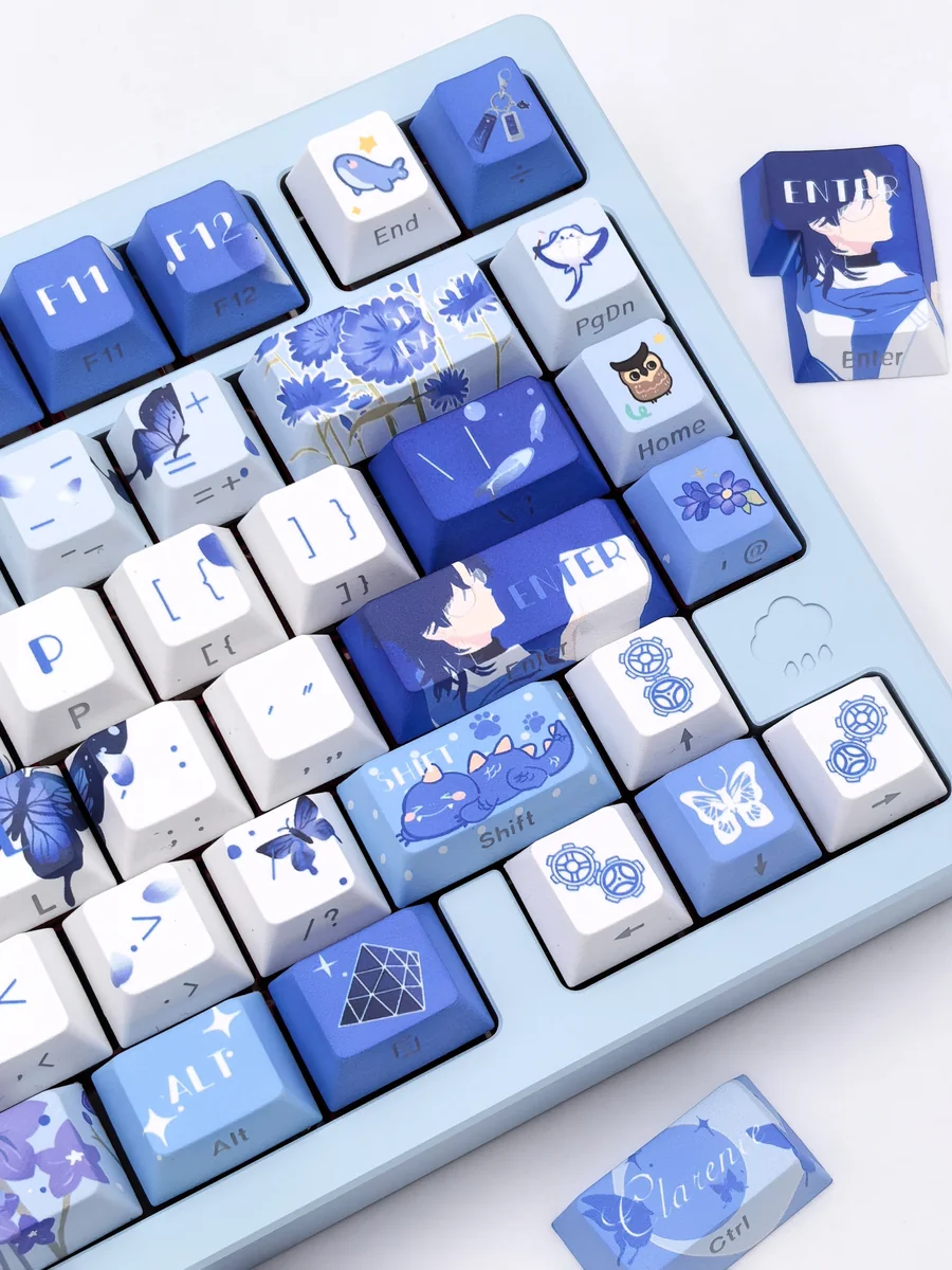 Clarence Lovebrush Chronicles Cherry keycaps set. Exclusive character artistry and sophisticated game motifs are elegantly showcased from multiple angles.