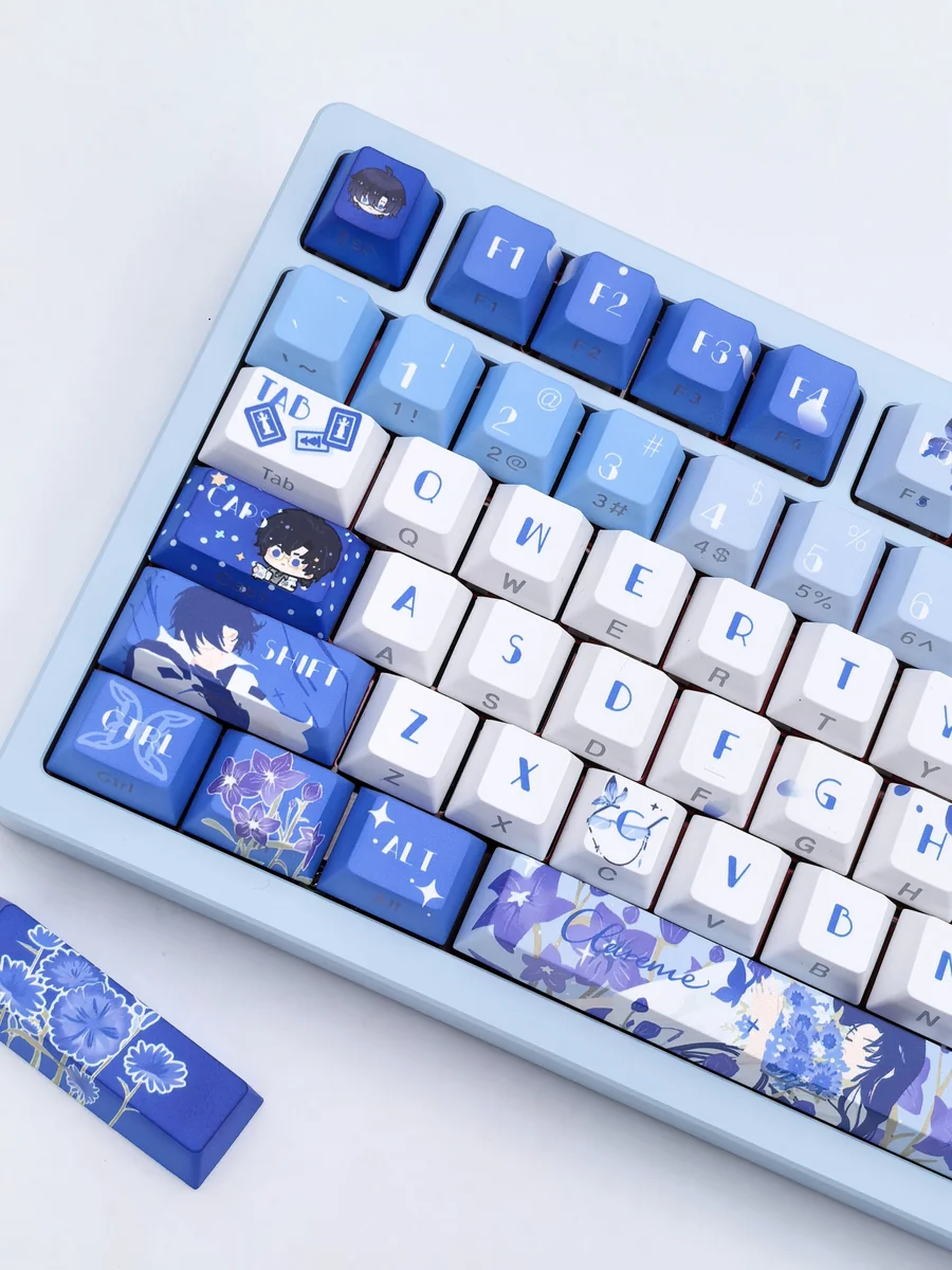 Clarence Lovebrush Chronicles Cherry keycaps set, featuring exclusive character art, sophisticated colors, and game motifs from multiple angles.