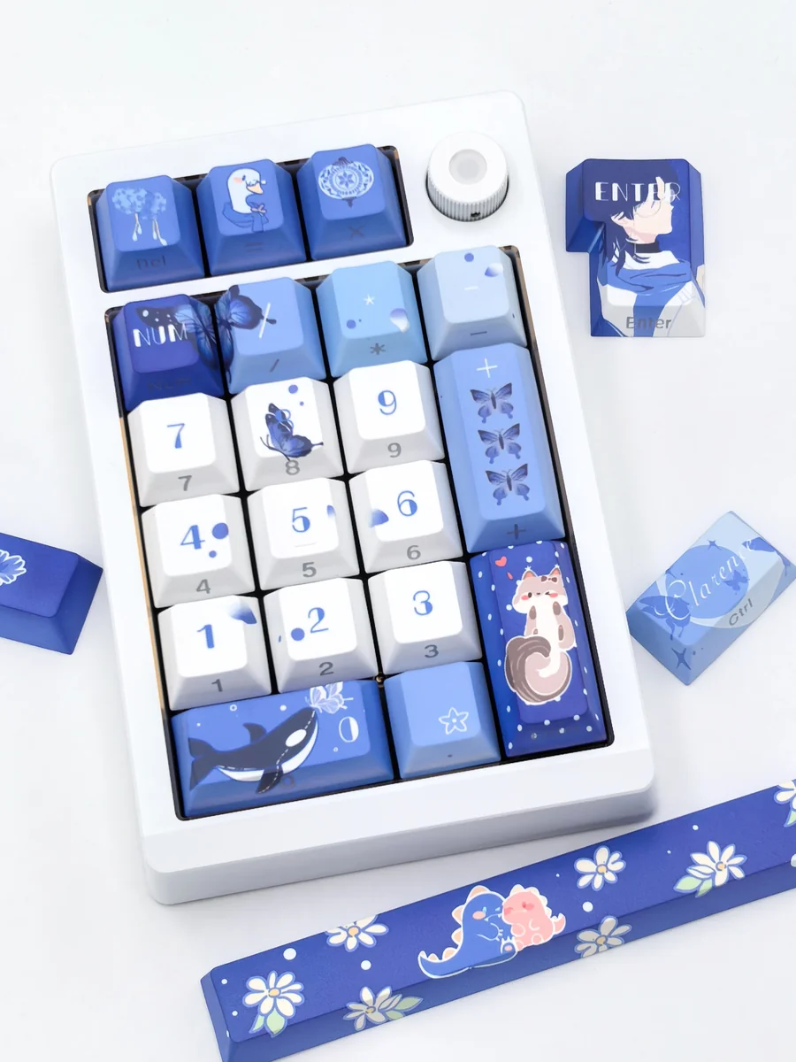 Close-up product images of the exclusive Clarence Lovebrush Chronicles Cherry keycaps set, featuring elegant character artistry and sophisticated collections.