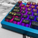 Cosmic Constellation Pudding PBT Keycaps Set with ASA profile, displayed from various angles, revealing celestial designs and translucent sides for RGB.