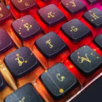 Cosmic Constellation Pudding PBT ASA keycaps set from various angles, showcasing celestial anime designs and translucent sides for vibrant RGB.