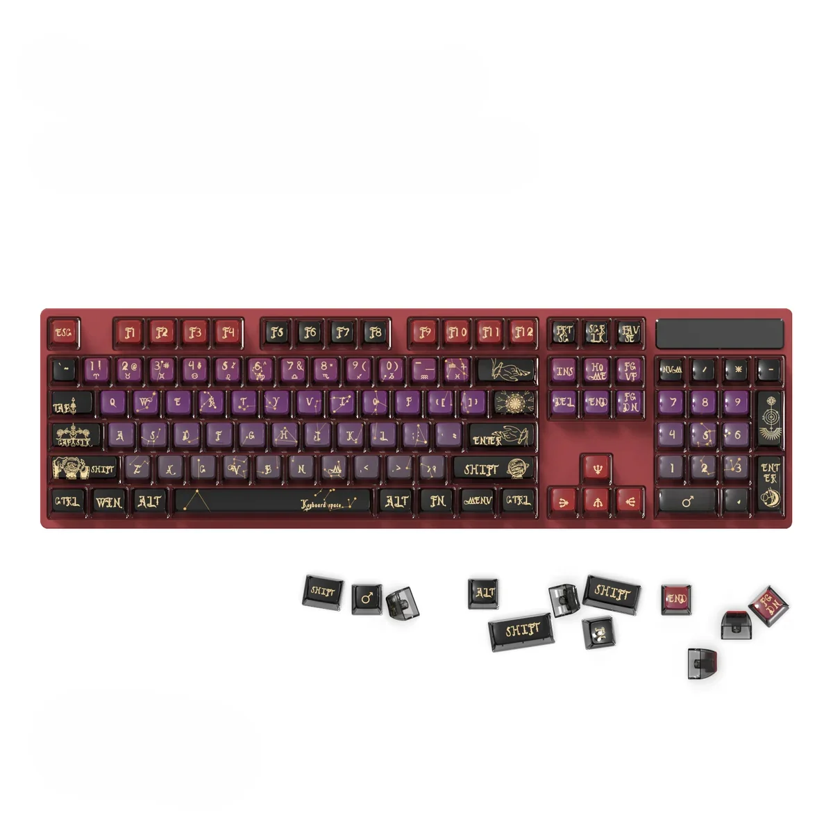 Celestial Constellation Pudding PBT Keycaps Set with ASA Profile, showcasing vibrant anime-inspired designs and translucent sides for RGB lighting.