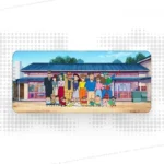 Iconic Crayon Shin-chan family depicted on a vibrant, extra-large natural rubber desk mat, bringing playful anime fun to your workspace.