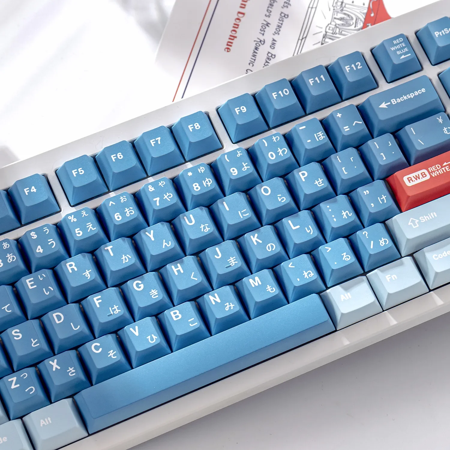 Crisp Blue RWB Magnetic Keycaps Set, PBT Dye-Sub. Gallery view of refreshing cool blue and white keycaps for precision Wooting gaming.