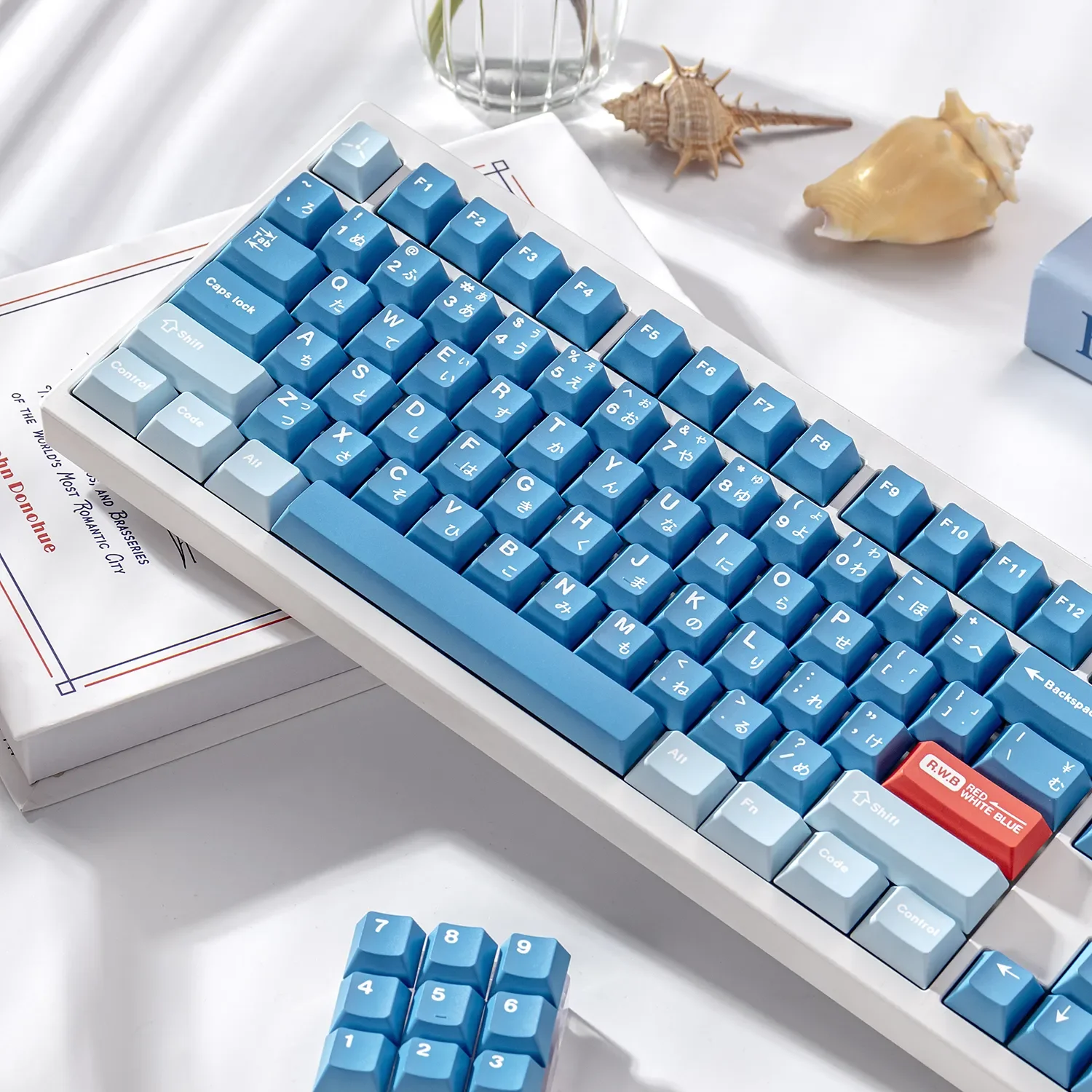 Crisp Blue RWB Magnetic Keycaps Set. A collection showcasing their refreshing cool blue and white PBT Dye-Sub precision for Wooting gaming.