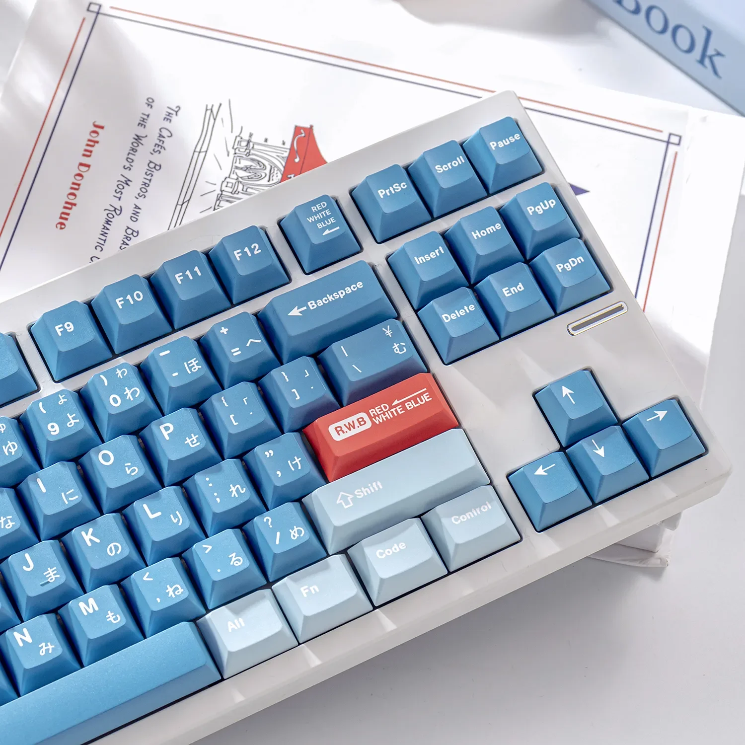 Crisp Blue RWB PBT Dye-Sub Magnetic Keycaps Set. Gallery view details the refreshing cool blue design, showcasing premium precision.