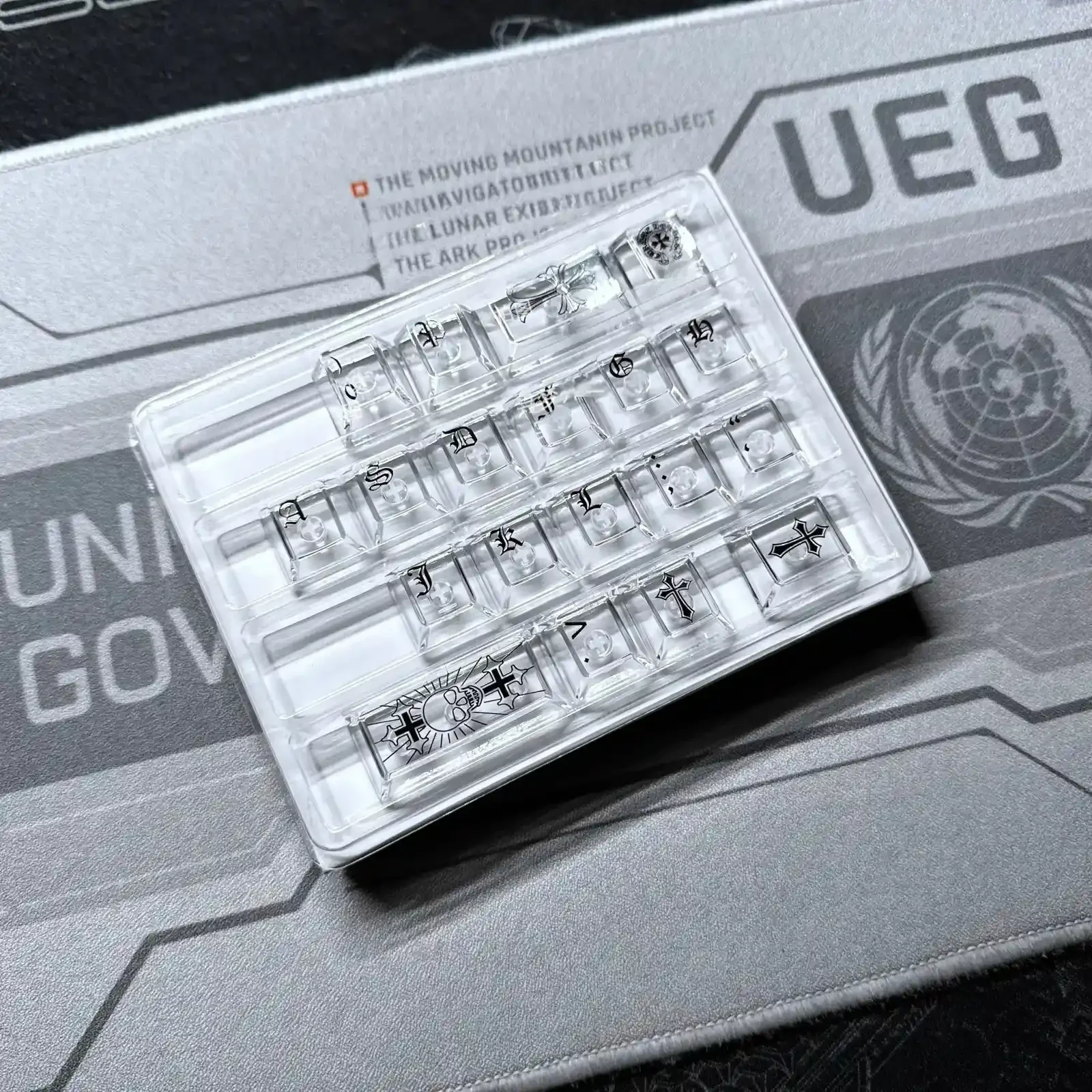 Edgy transparent Cross Sword Supplement Keycap Set glowing with gothic fantasy, perfect for mechanical keyboard customization.