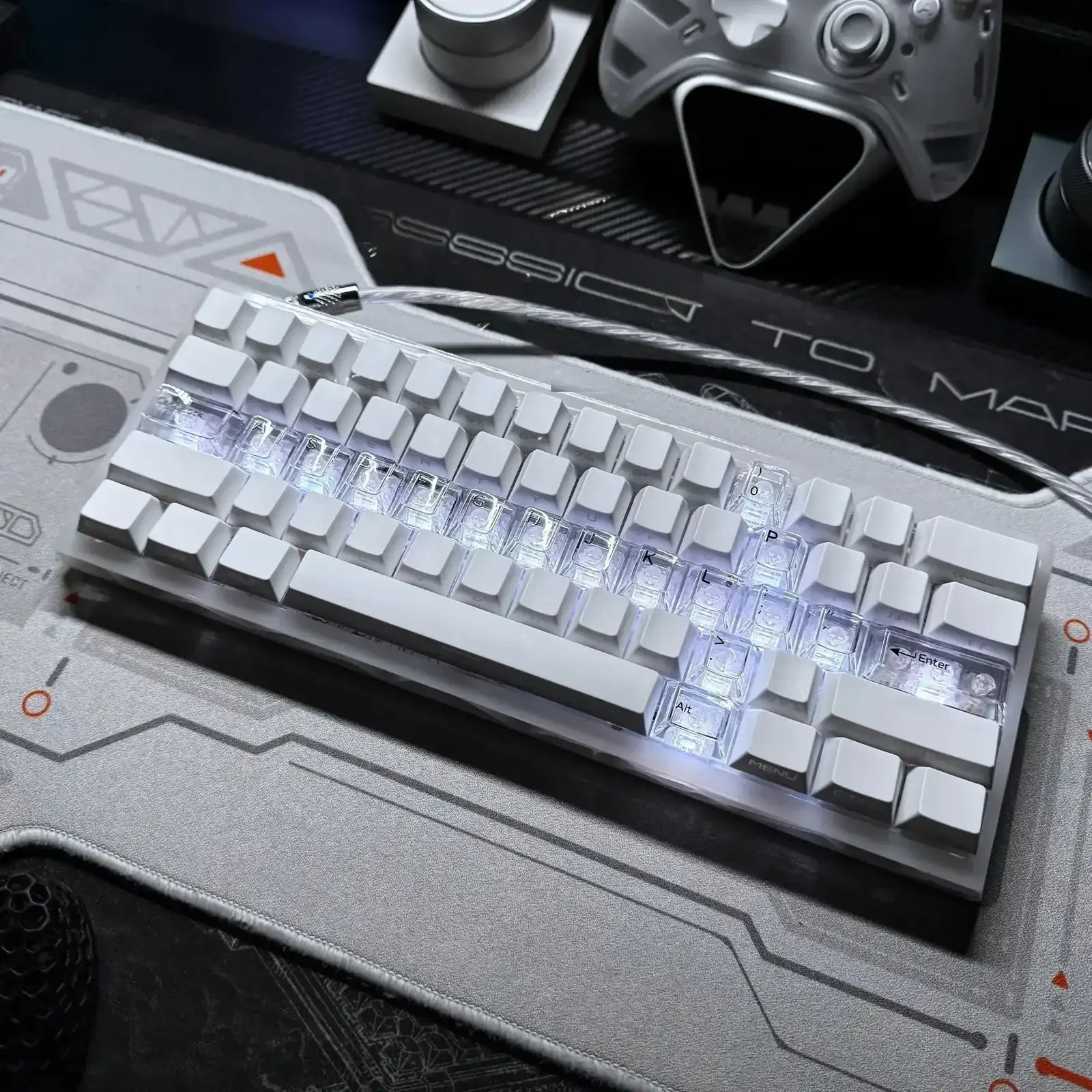 Multiple angles of the Cross Sword Supplement Keycap Set, showcasing its luminous cross sword design and edgy gothic fantasy details.