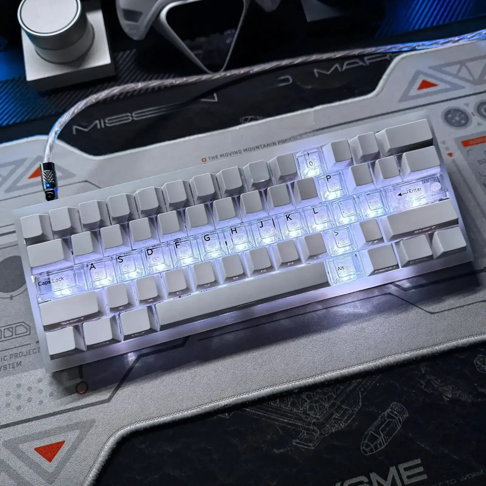 Displaying various angles of the luminous Cross Sword Supplement Keycap Set, highlighting its intricate gothic elegance for mechanical keyboard.