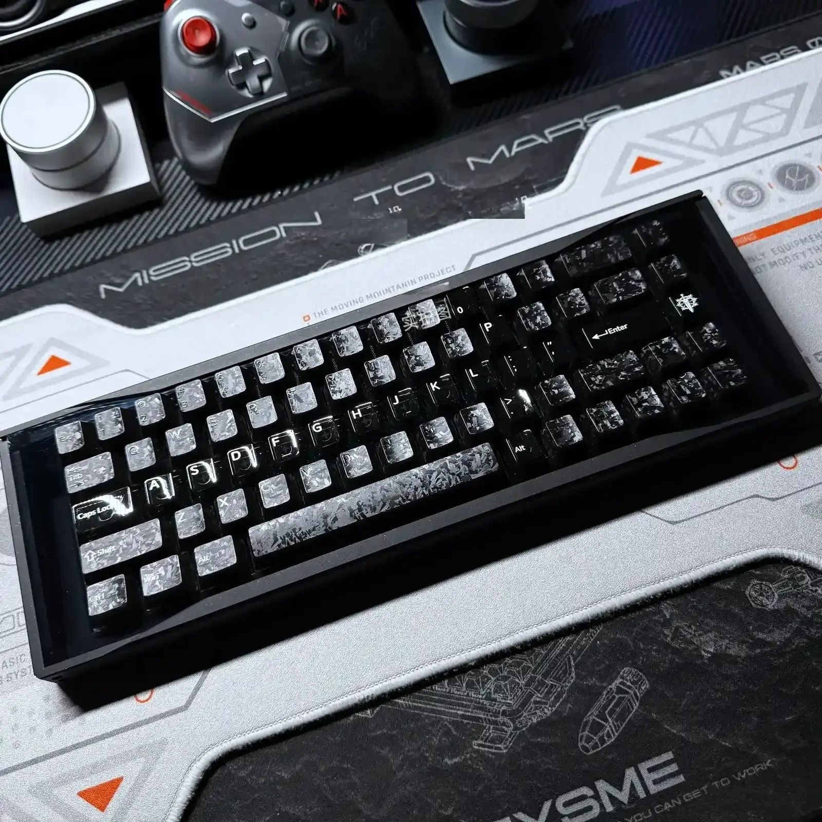 A collection of angles showcasing the luminous Cross Sword Supplement Keycap Set, highlighting its edgy elegance and intricate gothic.