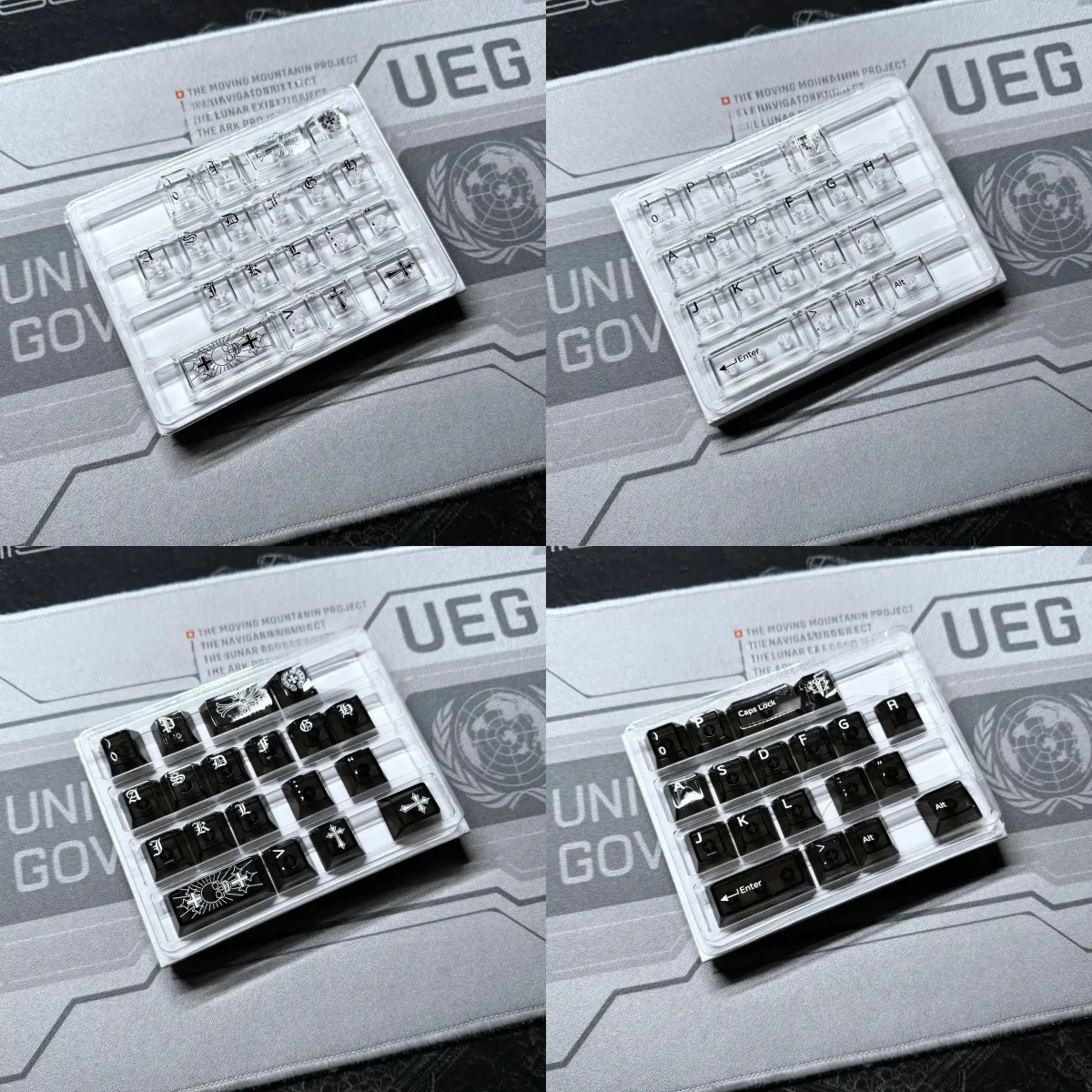 Luminous transparent Cross Sword Supplement Keycap Set on a mechanical keyboard, showcasing edgy gothic elegance and intricate design.