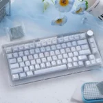 A collection of Winter Letter Crystal Jelly Keycaps Set, displaying their luminous translucent PBT+PC design and ethereal KDA profile from various angles.