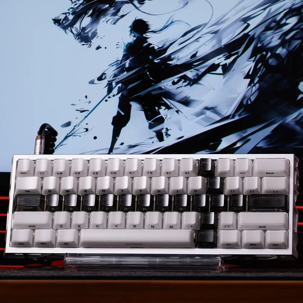 A premium Crystal Jelly Sword Keycap Set in translucent black crystal, featuring a unique luminous jelly texture and intricately etched sword design.