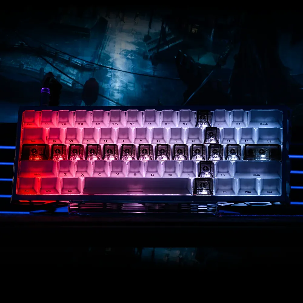 Translucent black Crystal Jelly Sword Keycap Set, with unique glowing jelly texture and side-engraved sword for custom mechanical keyboards.