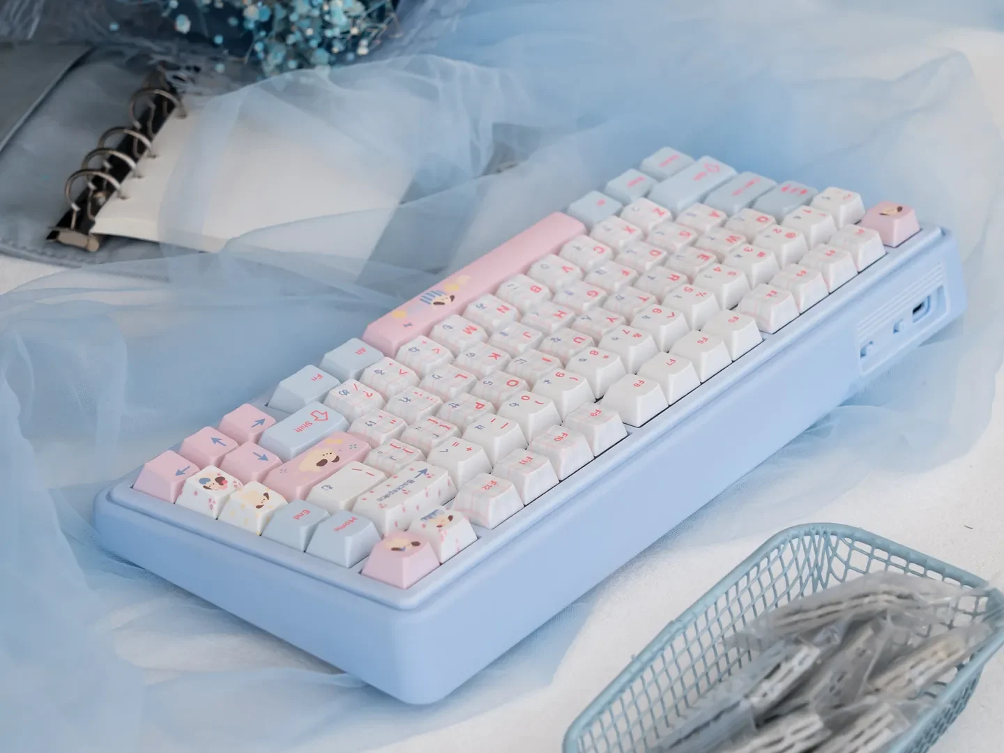 Whimsical Chalk Puppy custom mechanical keyboard kit gallery: unique chalk art, serene blue canvas, premium gasket typing.