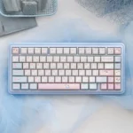 Artistically crafted Whimsical Chalk Puppy UR82 Gasket Custom Mechanical Keyboard, showcasing charming chalk art puppies on its serene, clear blue design.