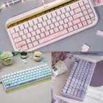 Dreamy Rabbit & Flower Gradient Custom PBT Keycaps Set, featuring whimsical pastel hues and enchanting side-lit Cherry profile illumination.