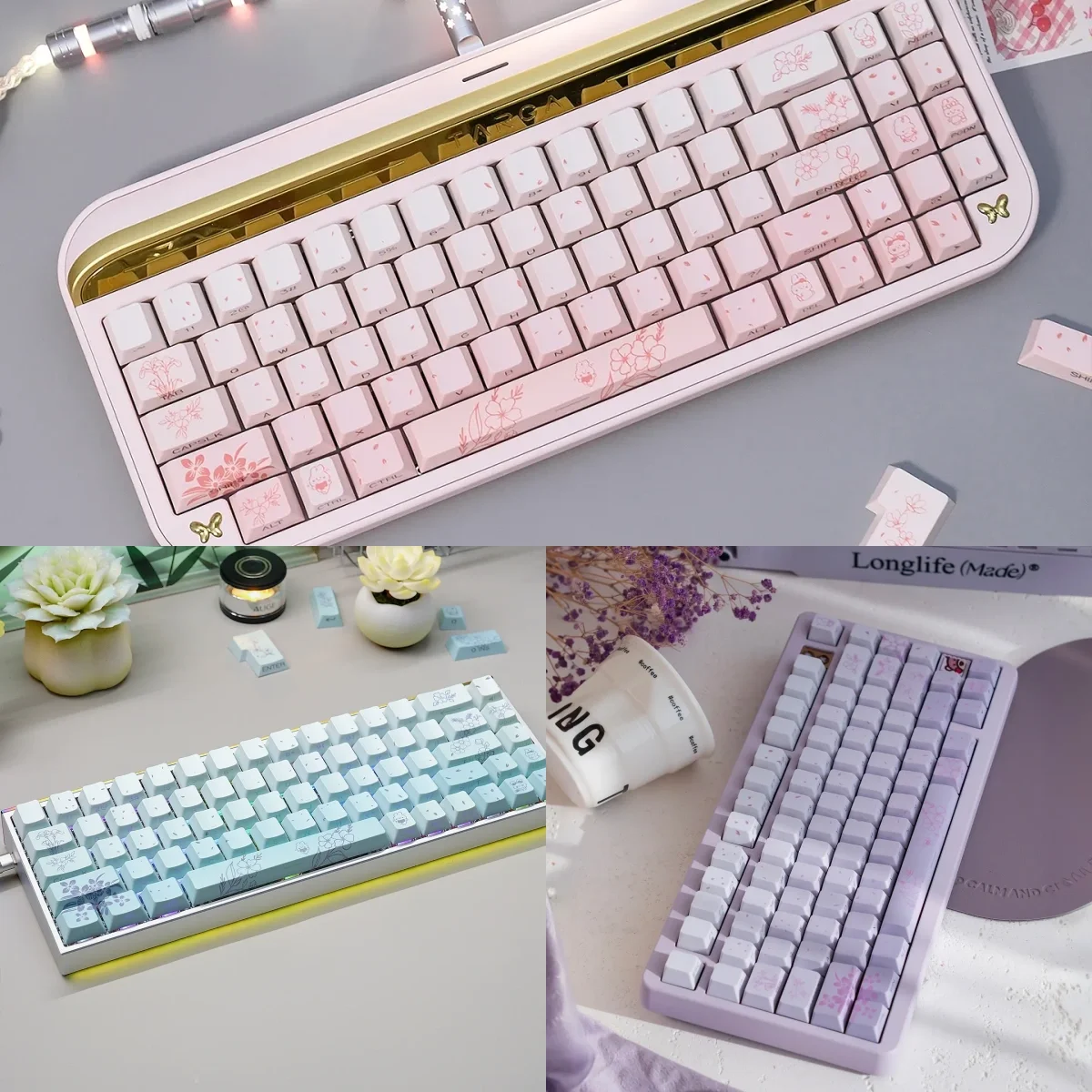Dreamy Rabbit & Flower Gradient Custom PBT Keycaps Set, featuring whimsical pastel hues and enchanting side-lit Cherry profile illumination.