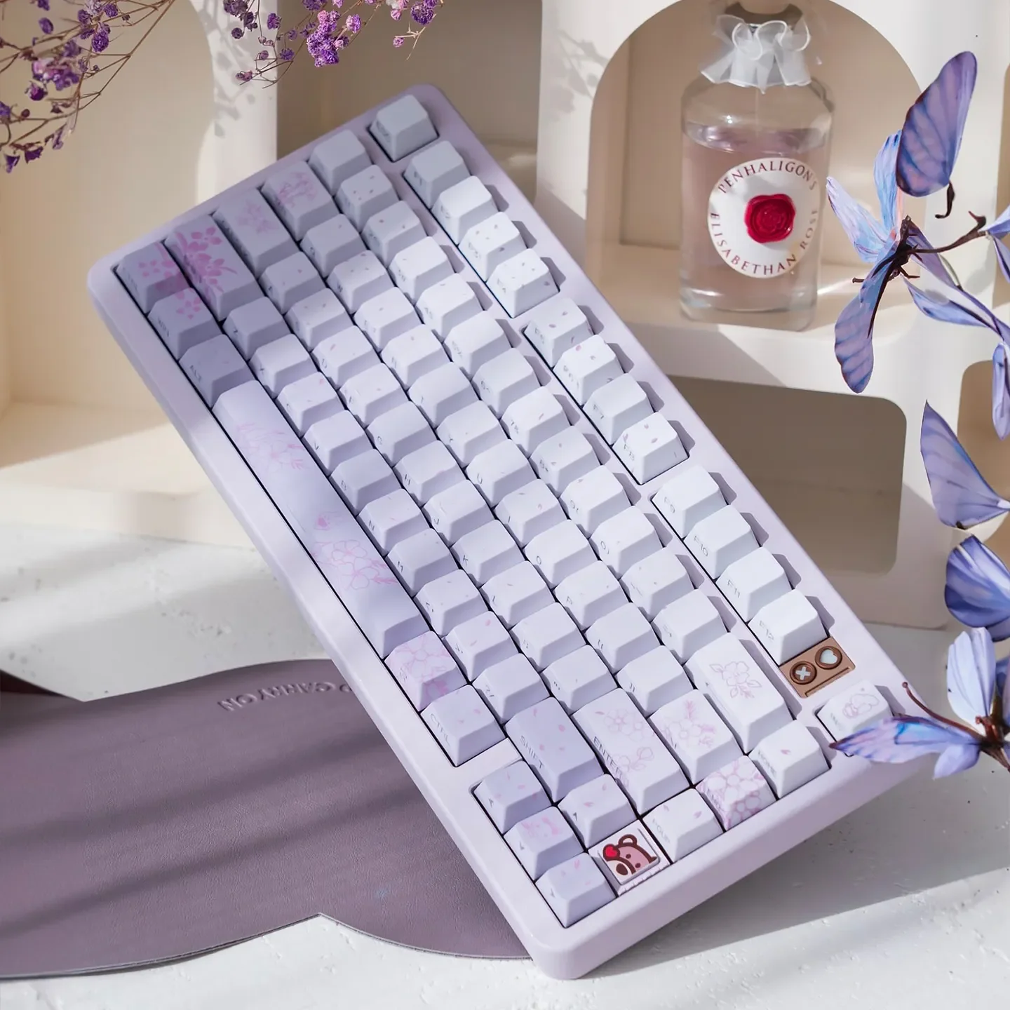 A gallery view of the Dreamy Rabbit & Flower Gradient Custom PBT Keycaps Set, highlighting whimsical pastel gradients, enchanting floral motifs.