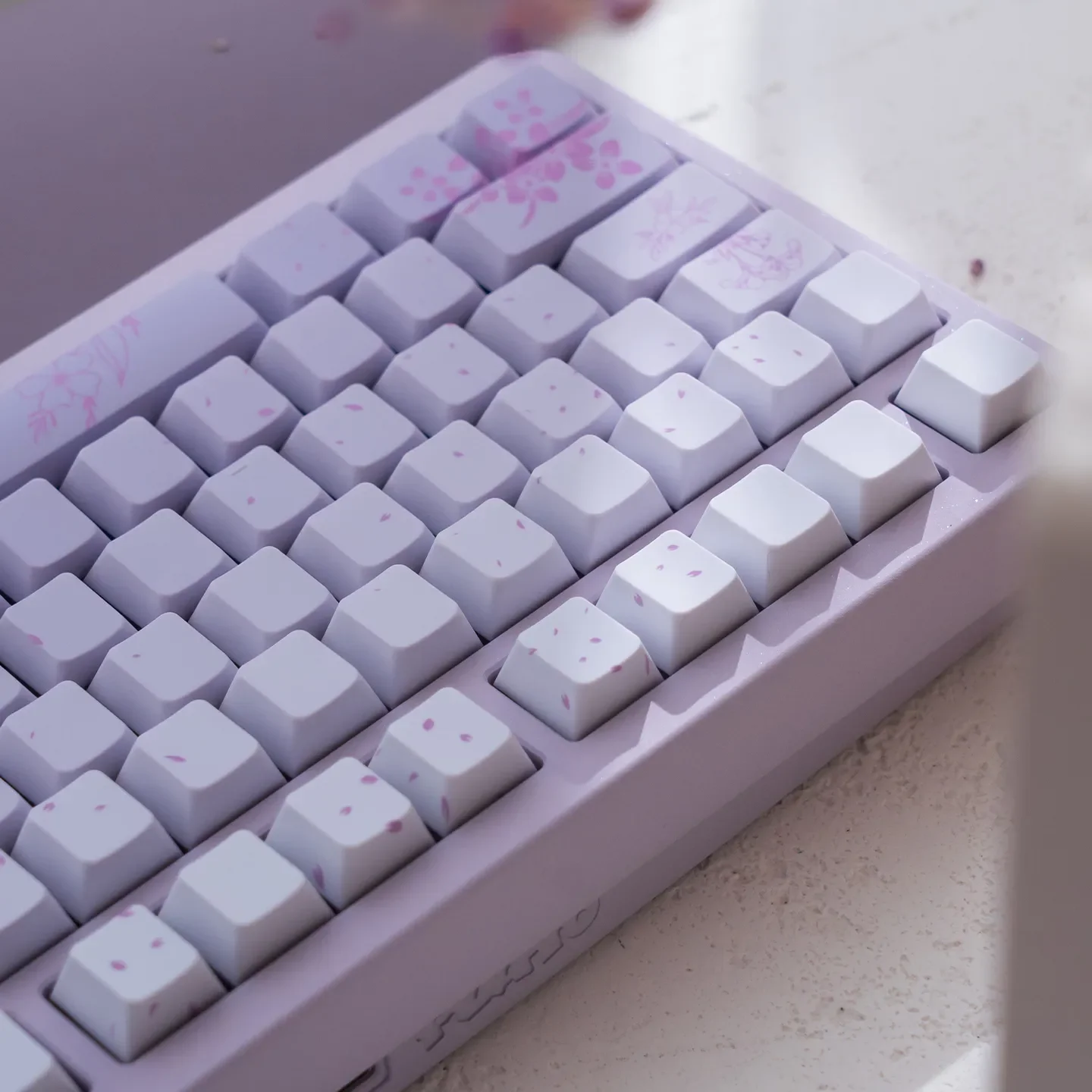 Gallery of Dreamy Rabbit & Flower Gradient Custom PBT Keycaps Set, showcasing whimsical side-lit designs and enchanting pastel artwork.