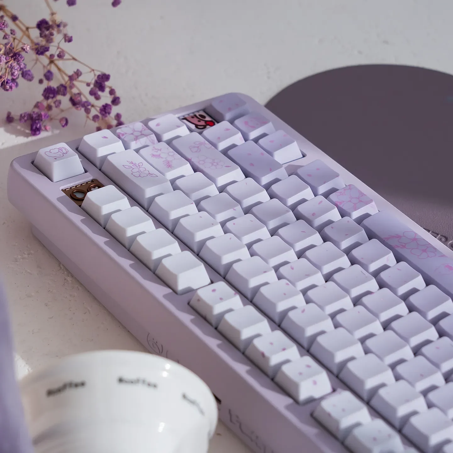A gallery of Dreamy Rabbit & Flower Gradient Custom PBT Keycaps Set, highlighting the whimsical pastel dye-sub and radiant side-lit Cherry profile.