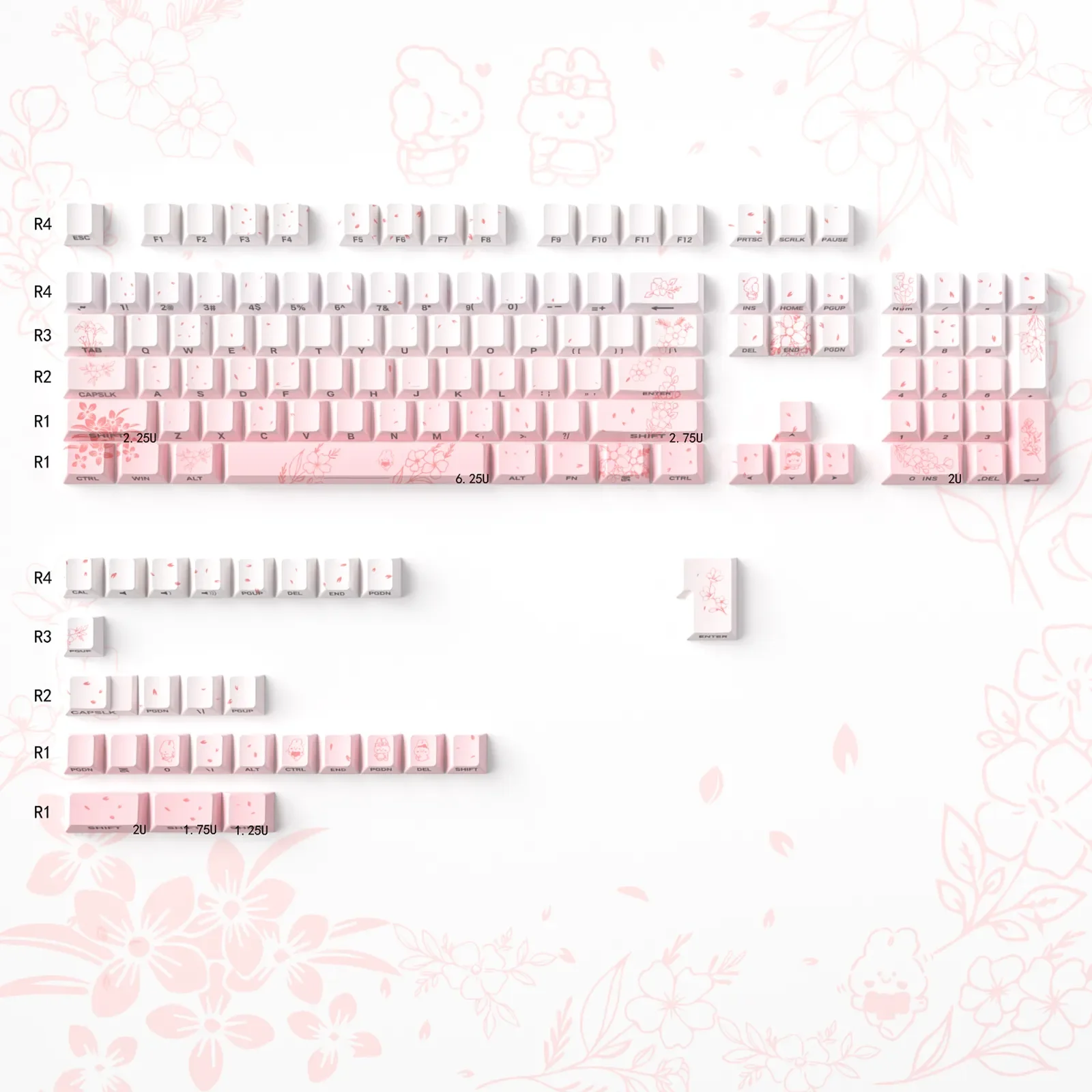 Enchanting Dreamy Rabbit & Flower Gradient Custom PBT Keycaps set, highlighting whimsical dye-sub gradients and unique side-lit Cherry profile.