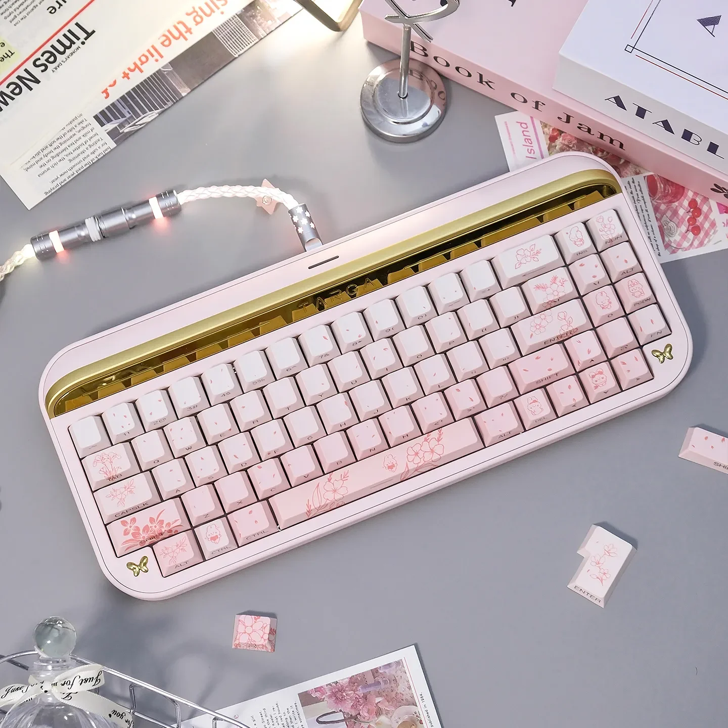A gallery view showcasing the Dreamy Rabbit & Flower Gradient Custom PBT Keycaps Set from multiple enchanting angles, highlighting the side-lit