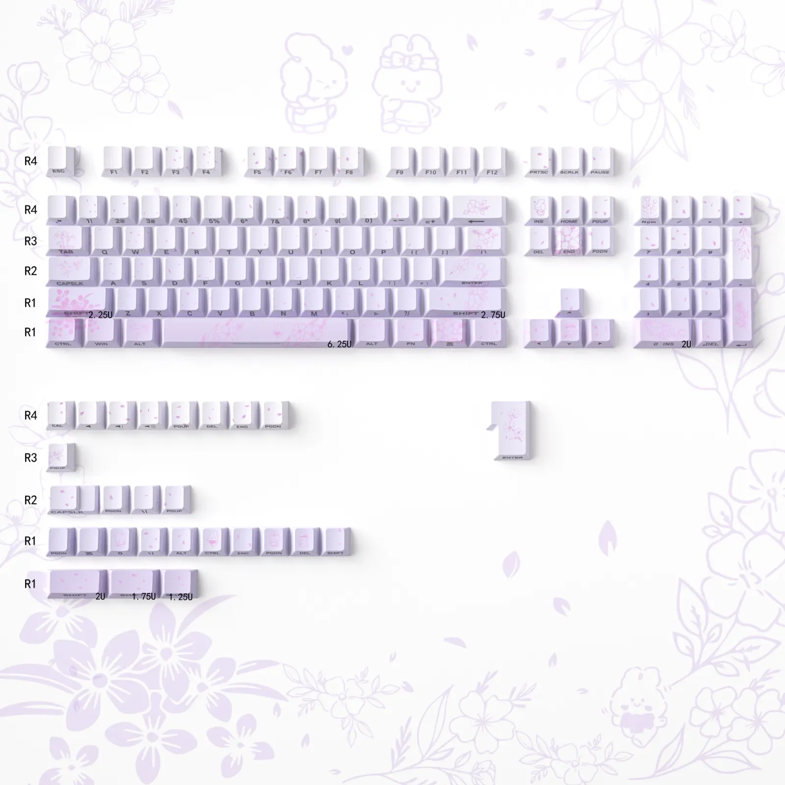 Artistic Custom PBT Keycaps Set featuring dreamy rabbit and flower gradient designs, enhanced by enchanting side-lit effects.