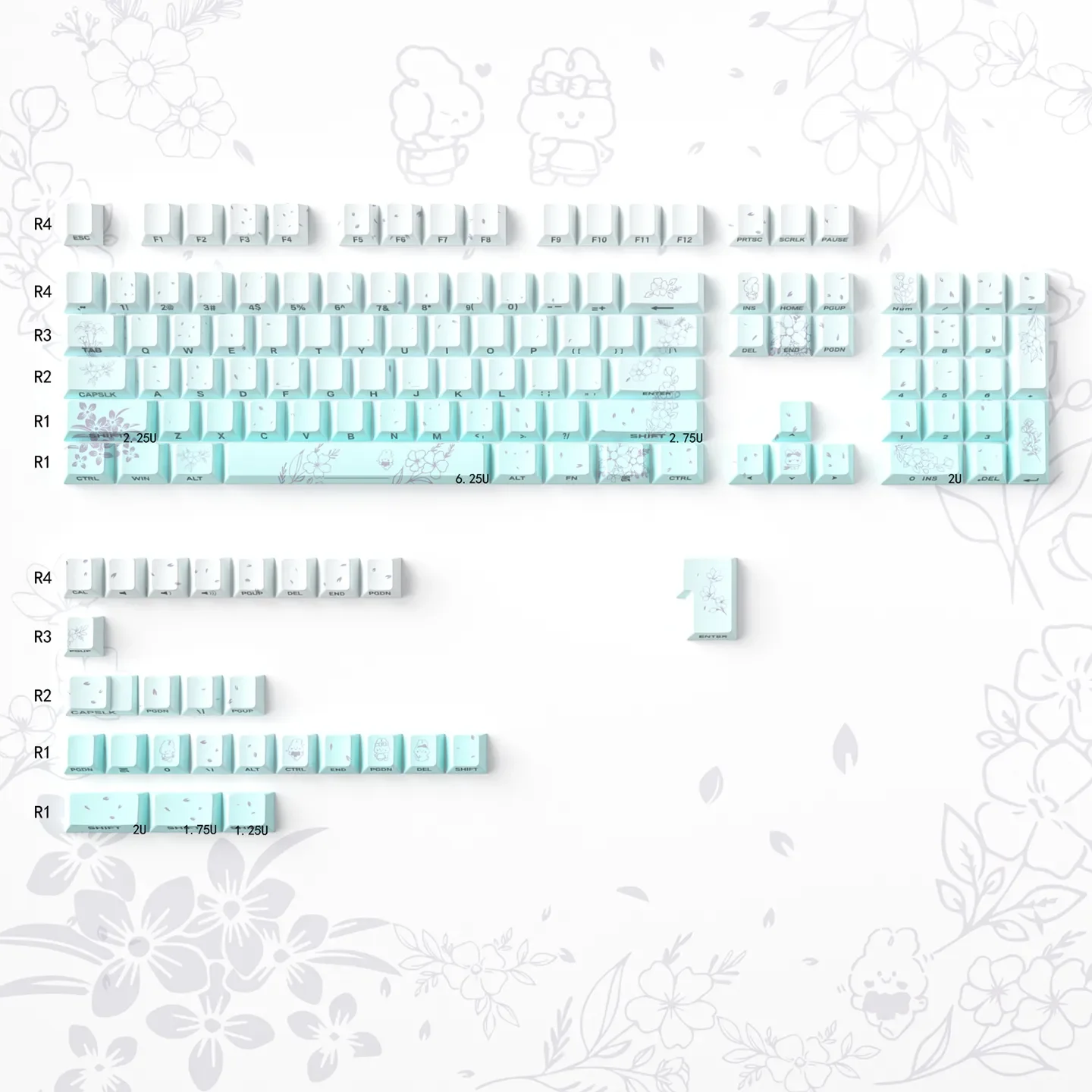 Enchanting Dreamy Rabbit & Flower gradient custom PBT keycaps set, showcasing whimsical pastel hues and luminous side-lit Cherry profile.