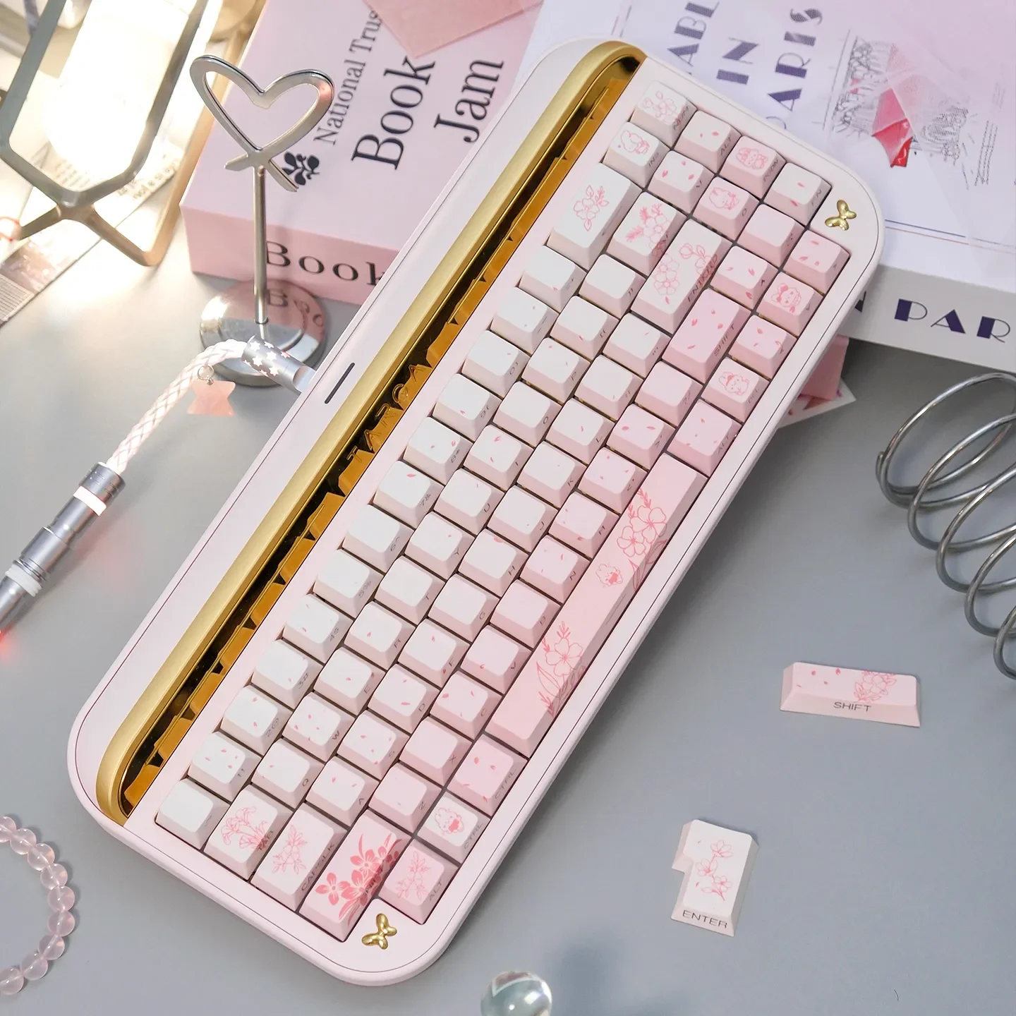 Artistic product gallery of the Dreamy Rabbit & Flower Gradient Custom PBT Keycaps Set, highlighting its whimsical pastel dye-sub designs.