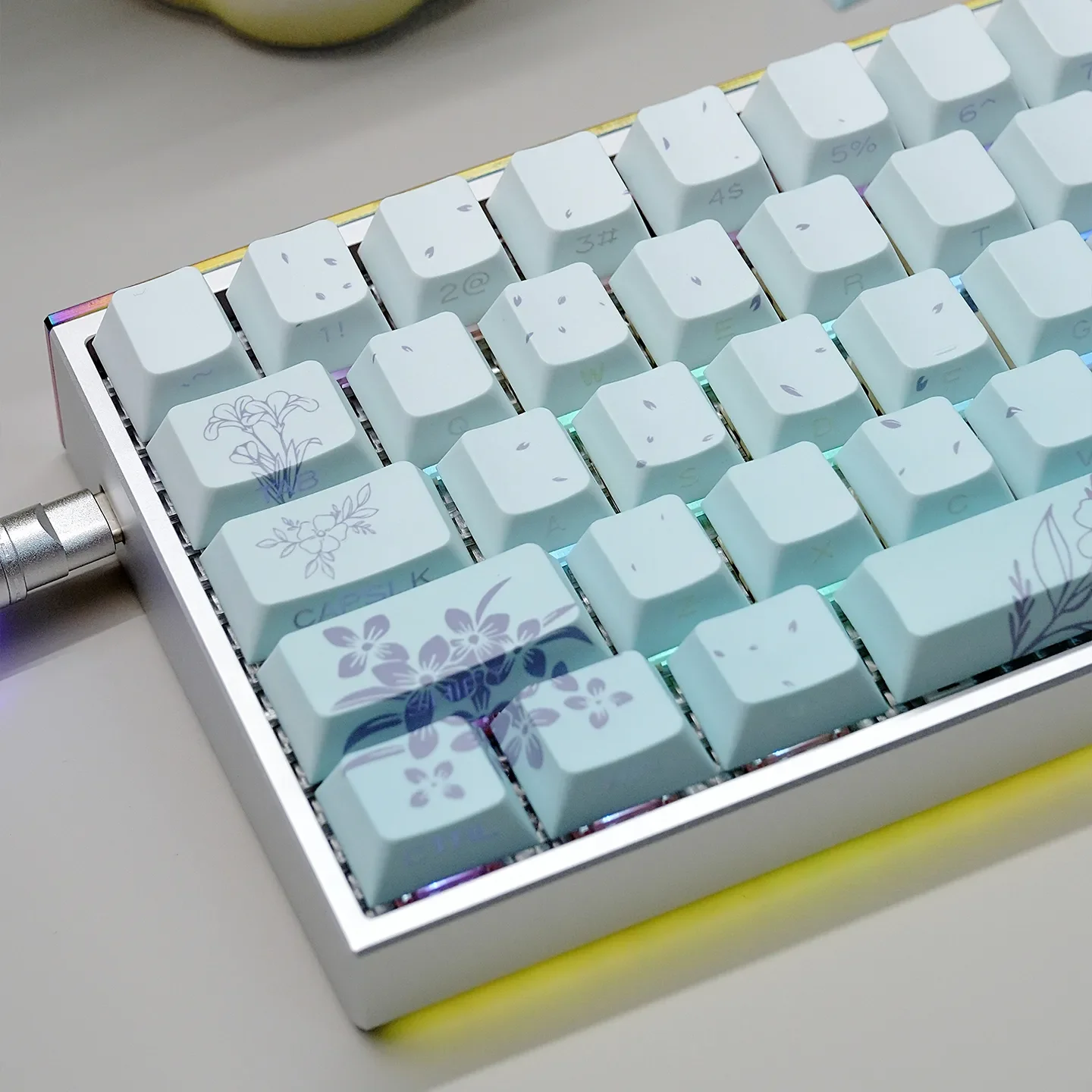 A captivating gallery view of the Dreamy Rabbit & Flower Gradient Custom PBT Keycaps Set, displaying their unique side-lit Cherry profile and whimsical design.