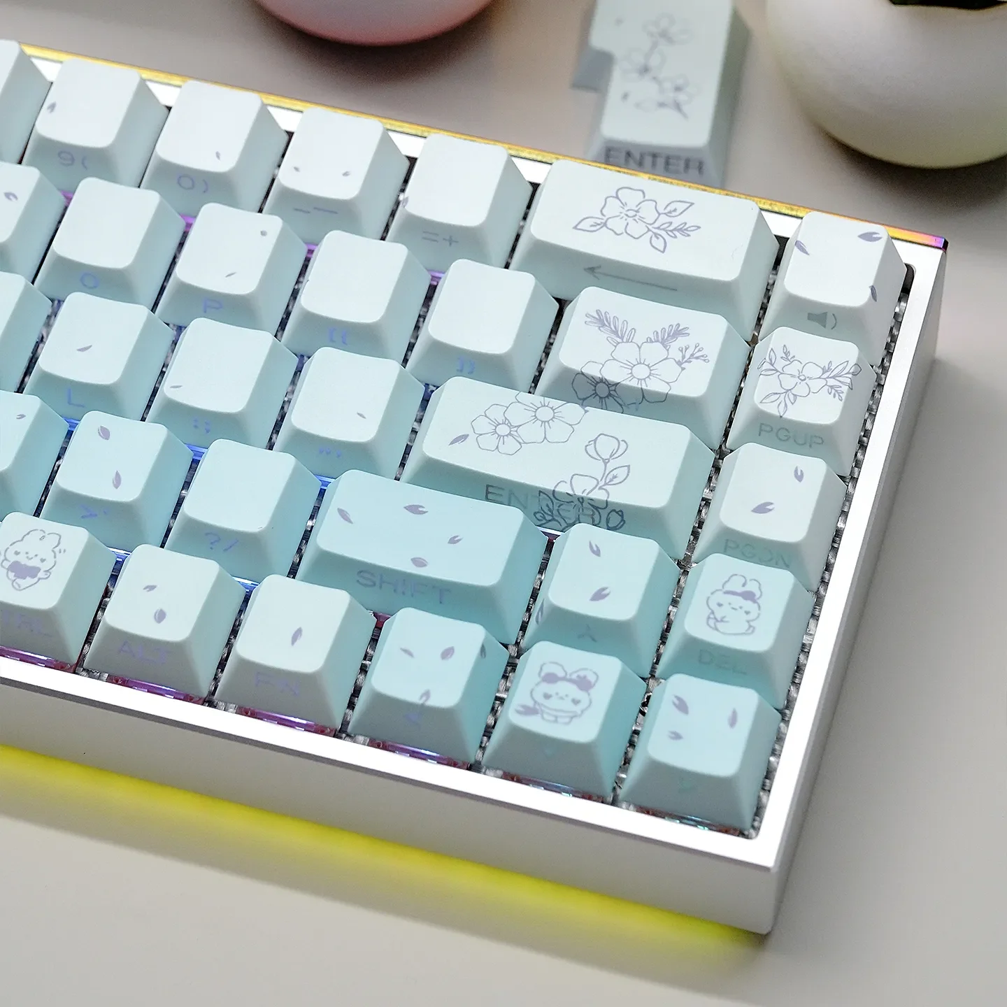 A full set of Dreamy Rabbit & Flower Custom PBT Keycaps set showcasing enchanting pastel gradients and unique side-lit design, perfect for mechanical keyboard.