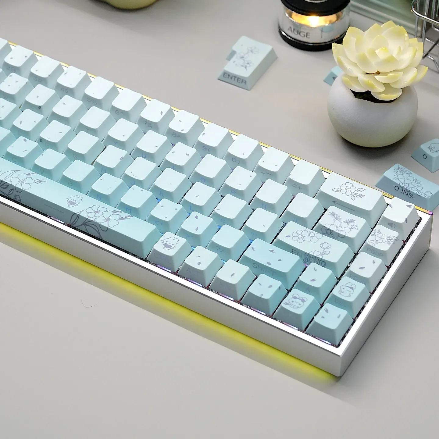 A gallery of Dreamy Rabbit & Flower Gradient Custom PBT Keycaps Set, highlighting their whimsical dye-sub designs and unique side-lit Cherry profile.