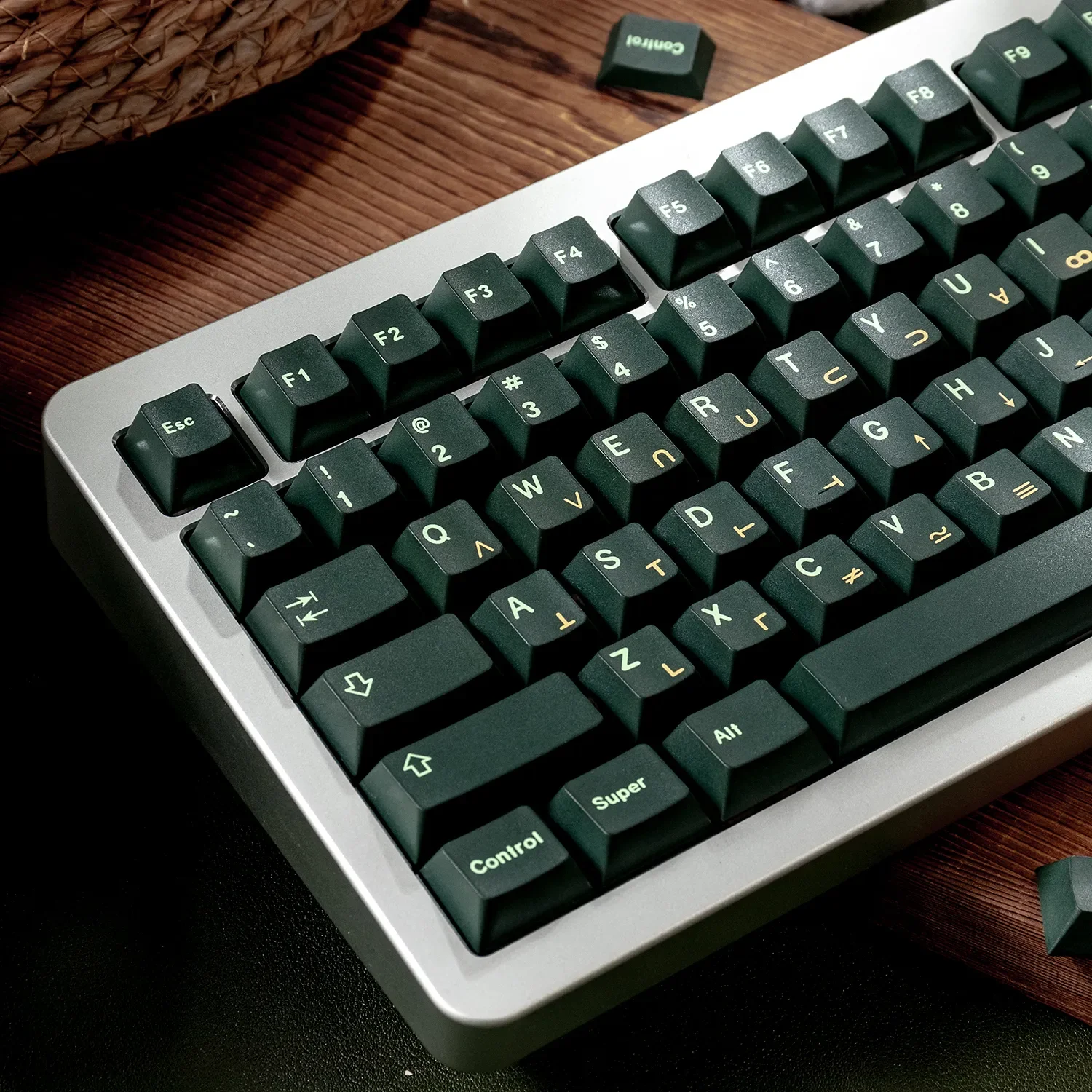 Durable Dark Green PBT Keycaps Set, Cherry Profile. Multiple angles reveal the refreshing deep forest green aesthetic for custom mechanical keyboards.
