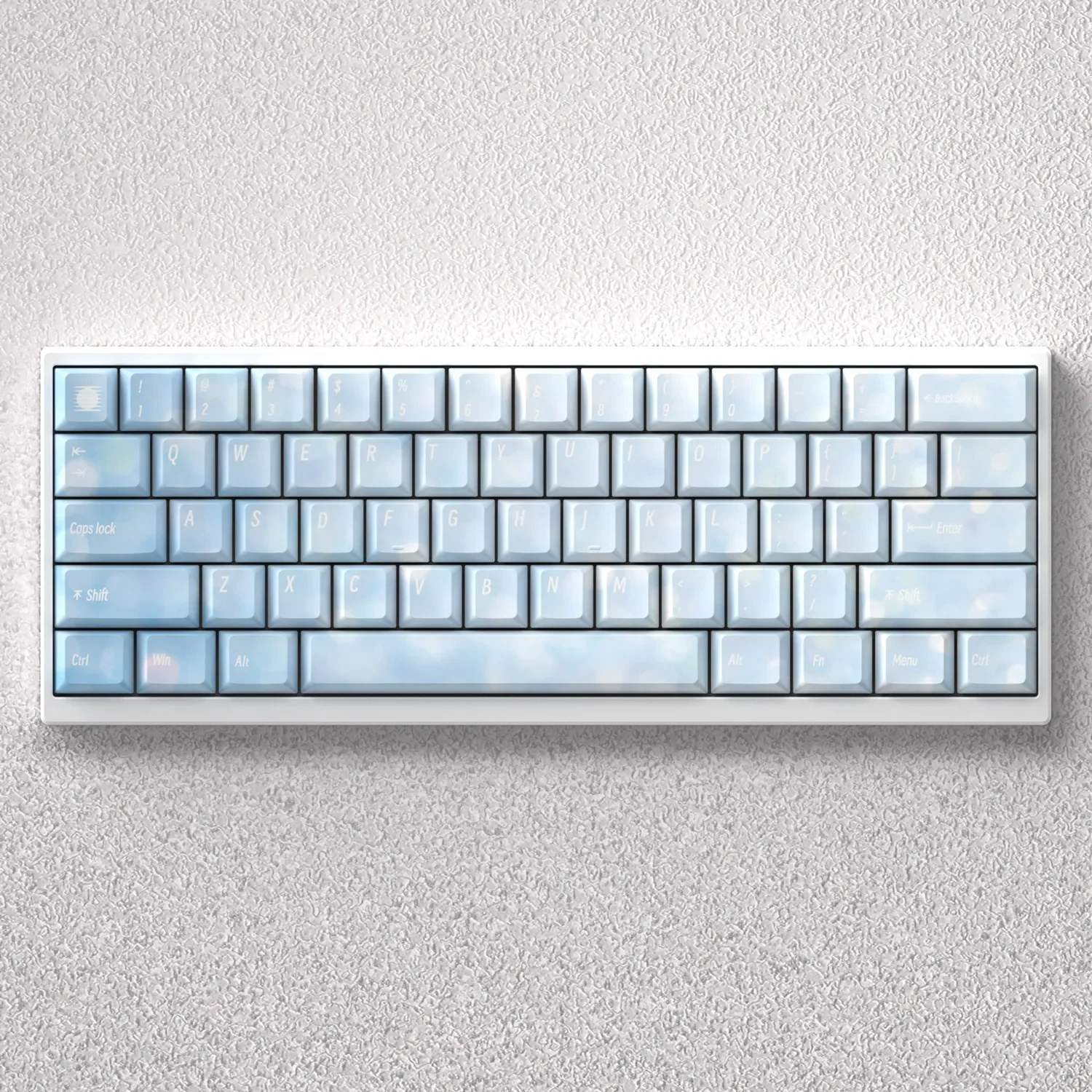 Serene Dawn PBT keycaps set for mechanical keyboards, showing tranquil sunrise gradients and durable front-printed legends.