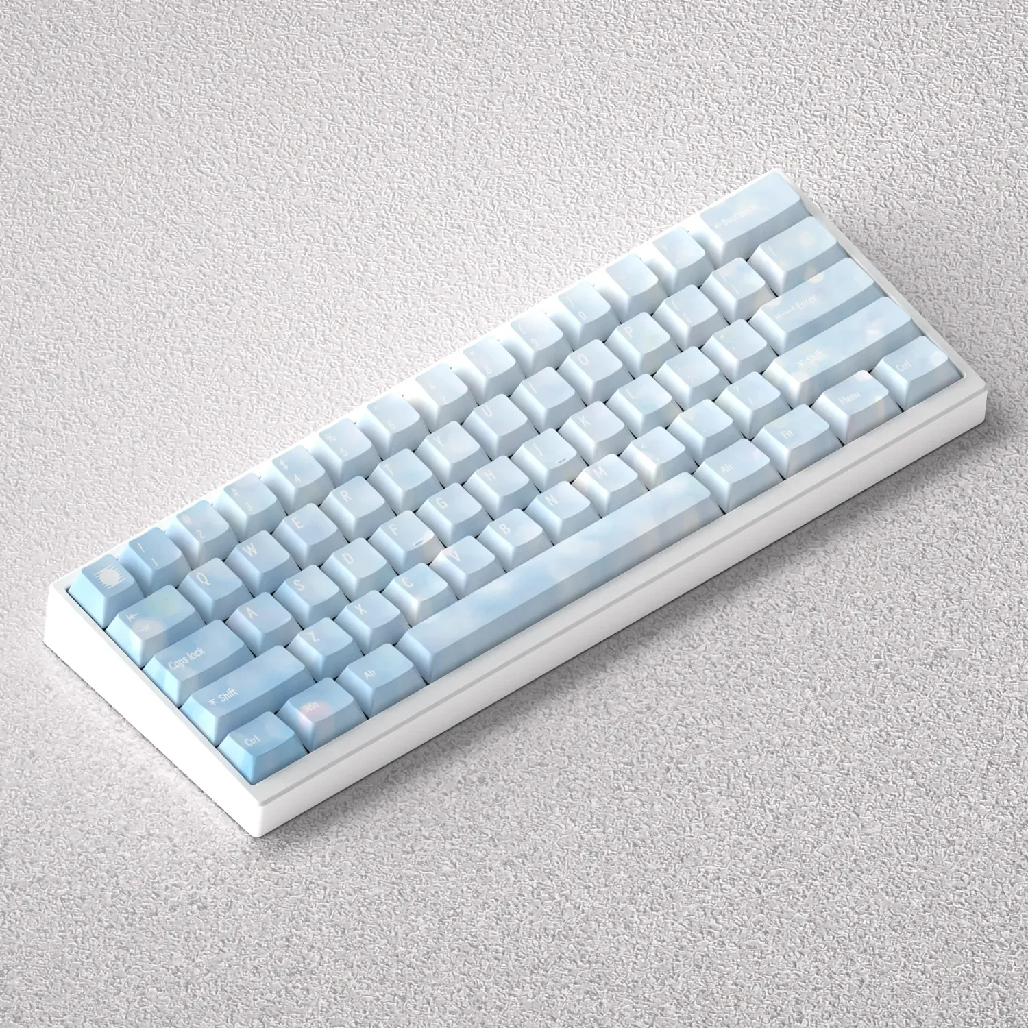 A gallery of Serene Dawn PBT Keycaps Set, highlighting their soft sunrise gradients and durable front-printed legends for mechanical keyboards.