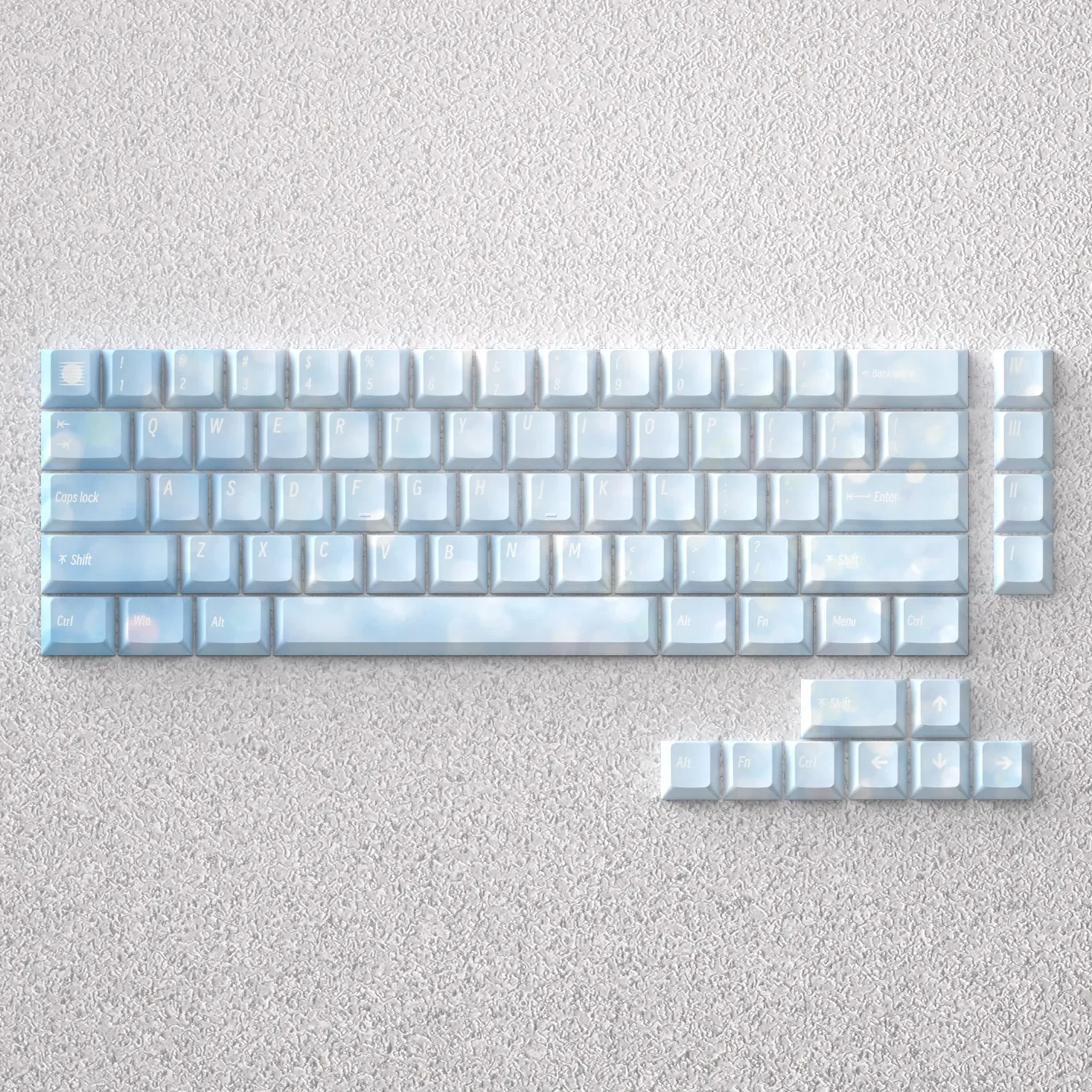 Serene Dawn PBT keycaps set for mechanical keyboards, showcasing tranquil sunrise gradients and elegant front-printed legends. Crafted from durable PBT.