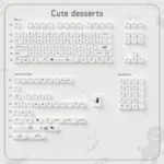 Adorable PBT dye-sublimated dessert keycaps set display, featuring sweet pastel cakes, donuts, and candies, perfect for a kawaii keyboard setup.