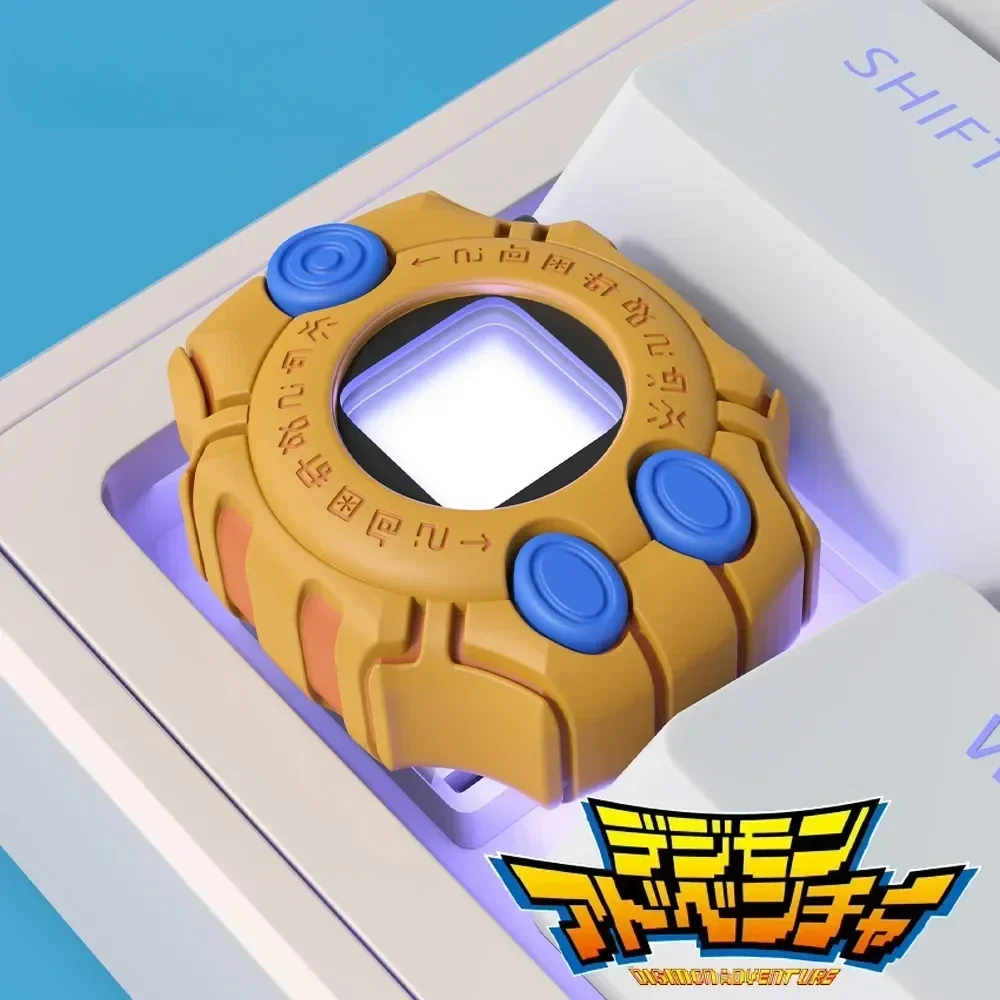 Iconic 3D Digimon virtual pet device keycap, an authentic miniature replica, perfectly showcasing the classic design on a custom mechanical keyboard.