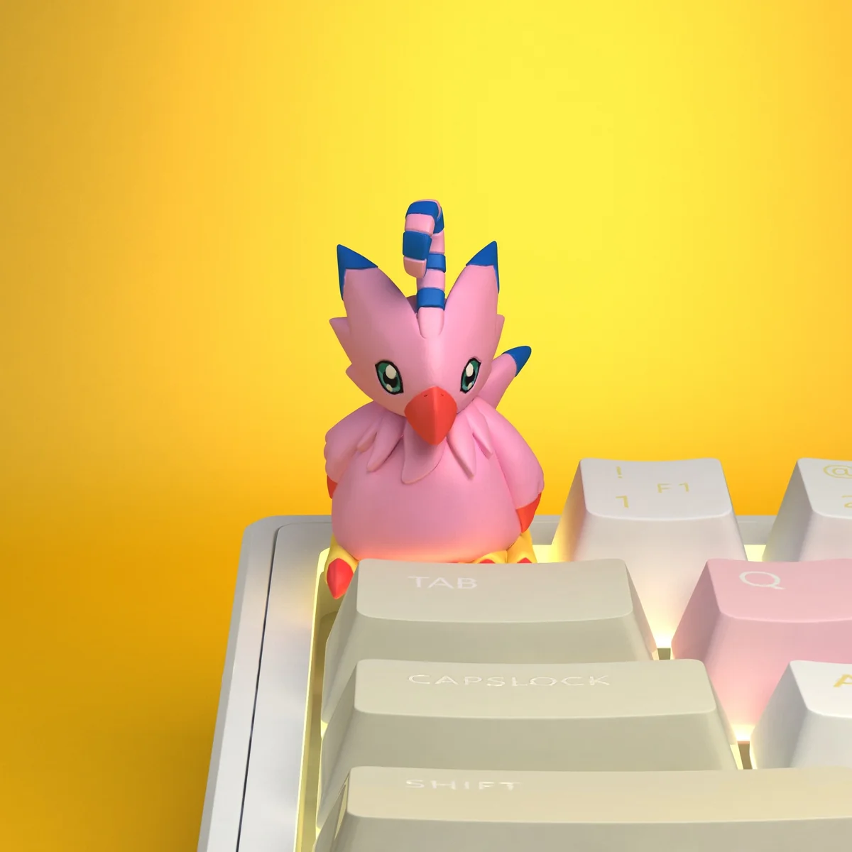 Close-up gallery view of vibrant, handcrafted resin Digimon keycaps, showcasing intricate 3D sculpted characters from diverse perspectives.