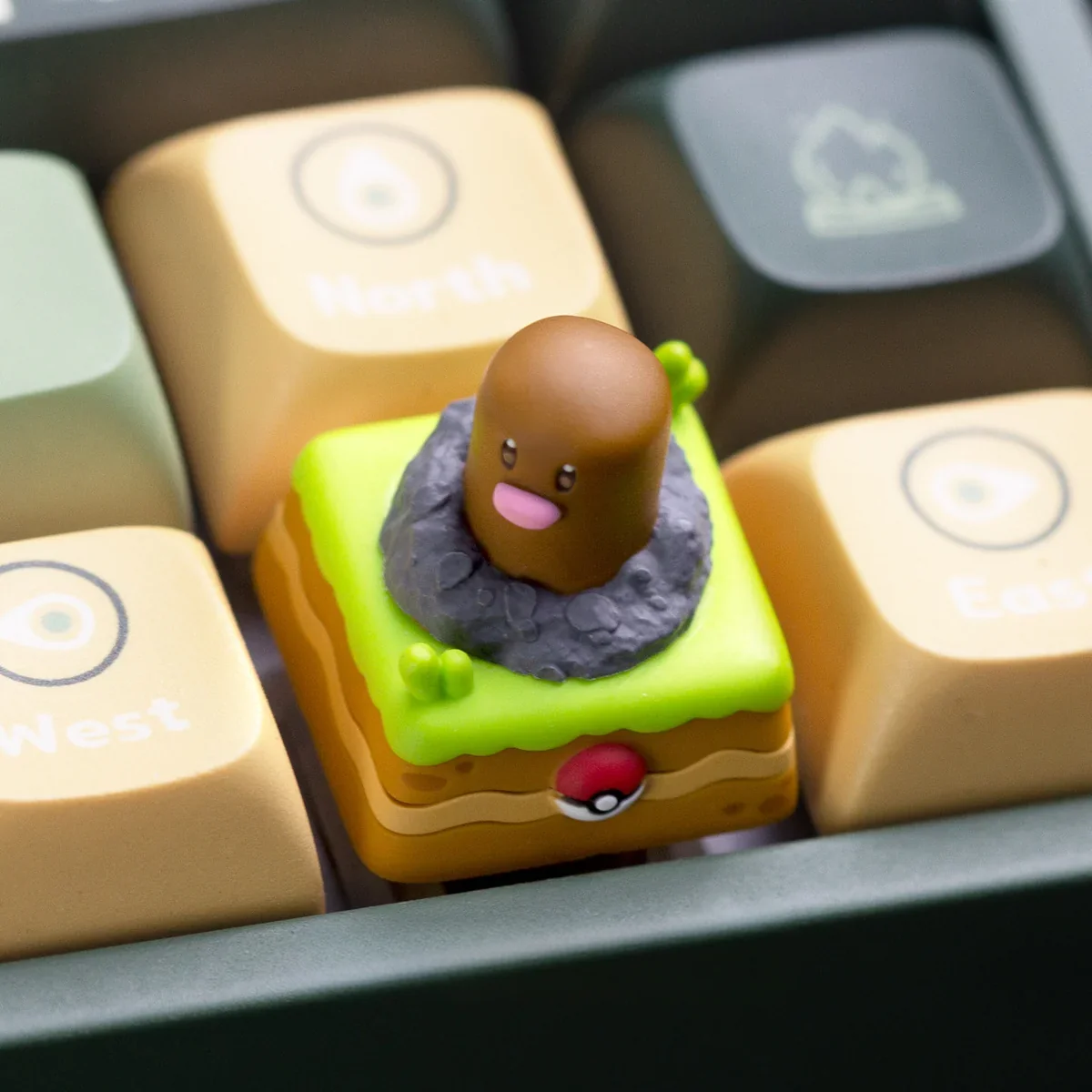 Whimsical rotating Diglett & Psyduck Keycaps. Handcrafted resin Pokemon artisan. Multiple views detail its dynamic spin and unique charm.