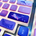 A collection of luminous Dreamy Ocean Anime Pudding Keycaps Set, showcasing vibrant underwater fantasy characters and soft glowing light from various angles.