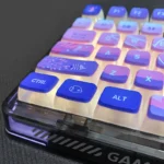 Close-up views of luminous Dreamy Ocean Anime pudding keycaps set, showcasing intricate underwater characters and soft glow from various angles.