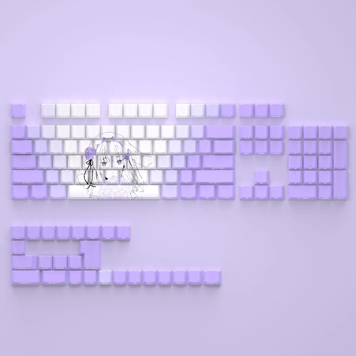 Premium Emilia-themed side-printed backlit keycap set showcasing radiant purple and white Cherry profile keys, ideal for anime fans and custom purpose.