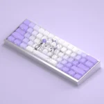 Multiple dynamic views of the premium Emilia Keycaps set, showcasing its vivid side-printed backlit legends, anime-inspired purple, and white keycaps.