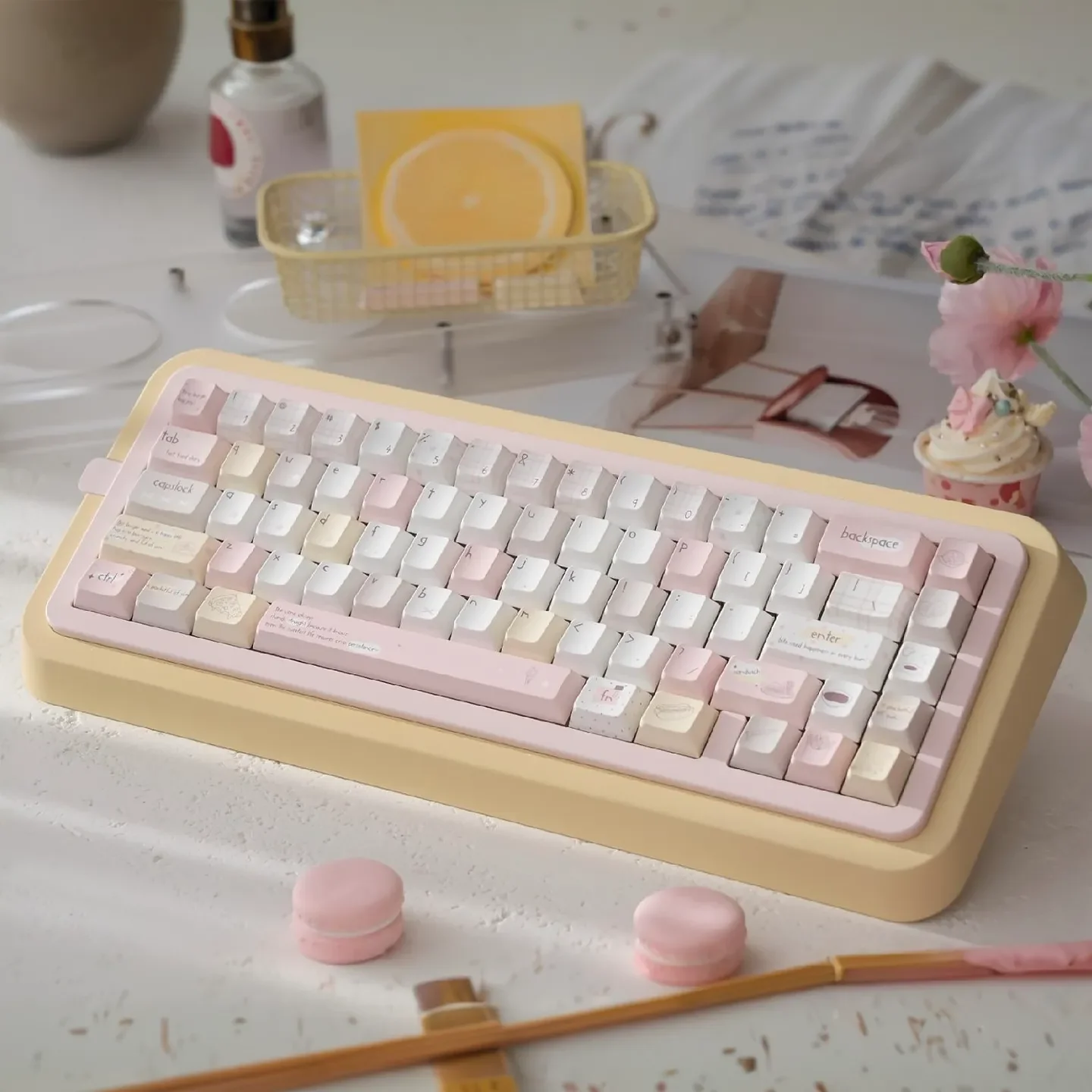 Vibrant Energy Boost PBT keycaps set, showcasing unique dye-sublimated designs, cheerful cartoon aesthetics, and energy-boosting motifs.