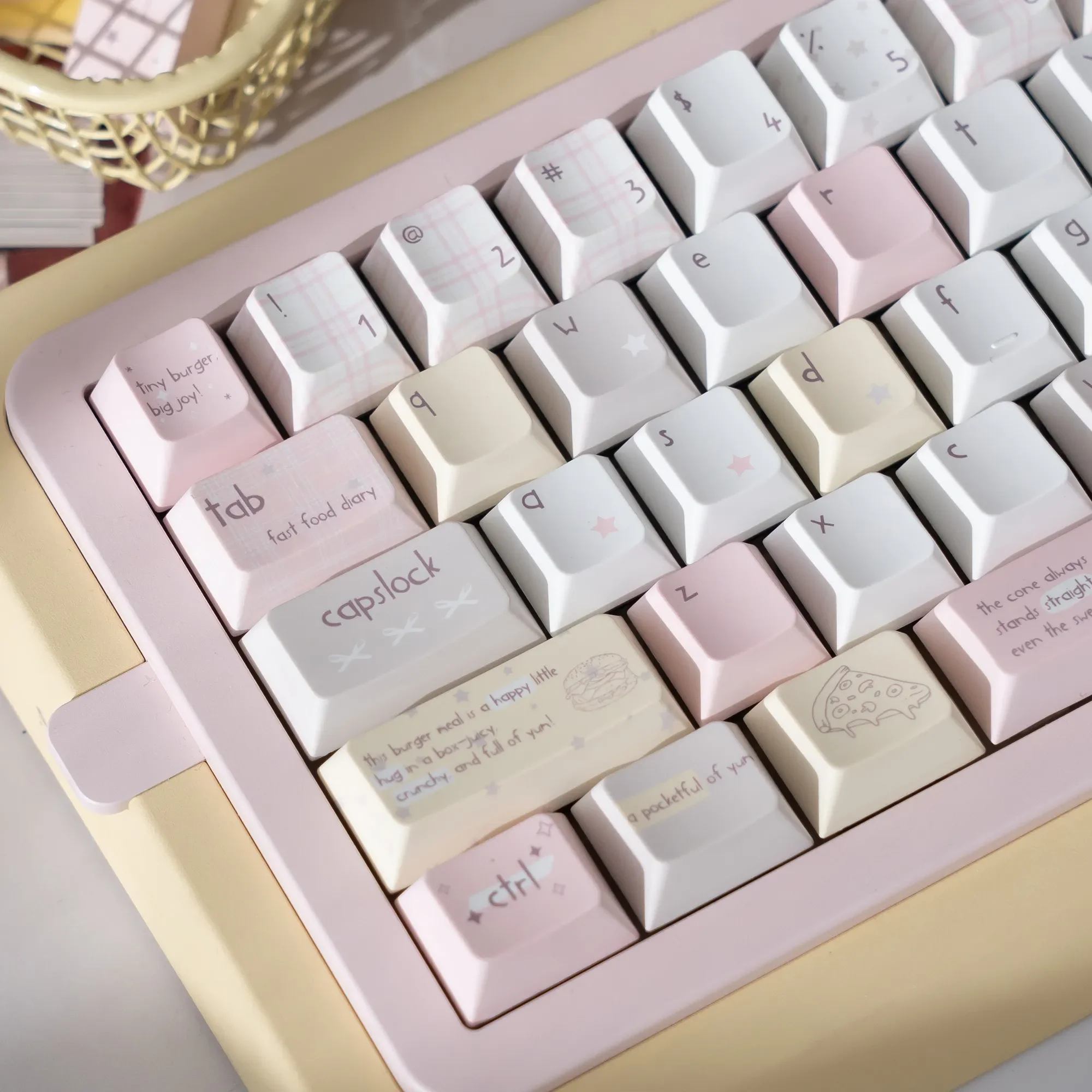 Energy Boost PBT keycaps showcased from diverse angles, revealing their cheerful, dye-sublimated cartoon art and refreshing, energetic designs.