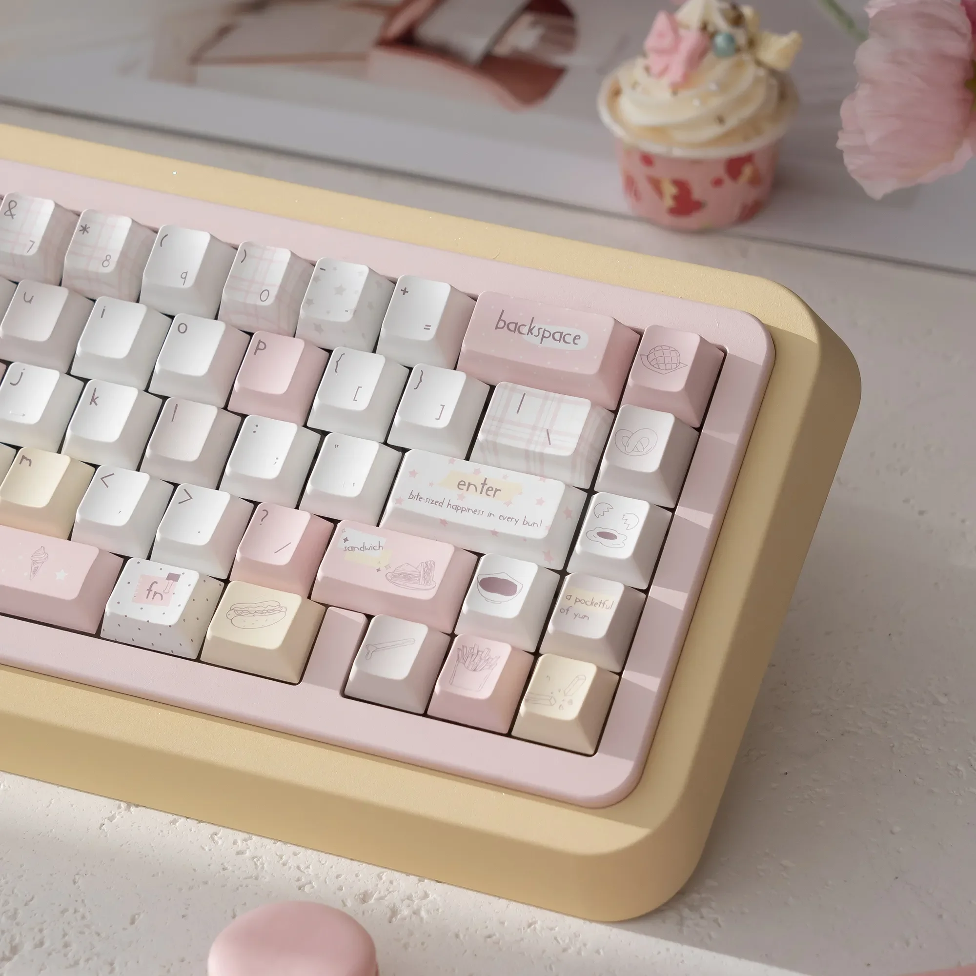 Energy Boost PBT keycaps set gallery. Cheerful, vibrant dye-sublimated designs, many angles. Unique PBT keycaps with playful energy.