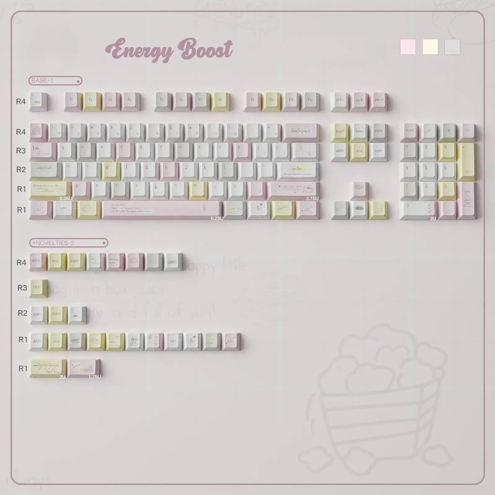 Playful Energy Boost PBT keycaps set, featuring cheerful dye-sublimated cartoon motifs for an energetic keyboard upgrade.